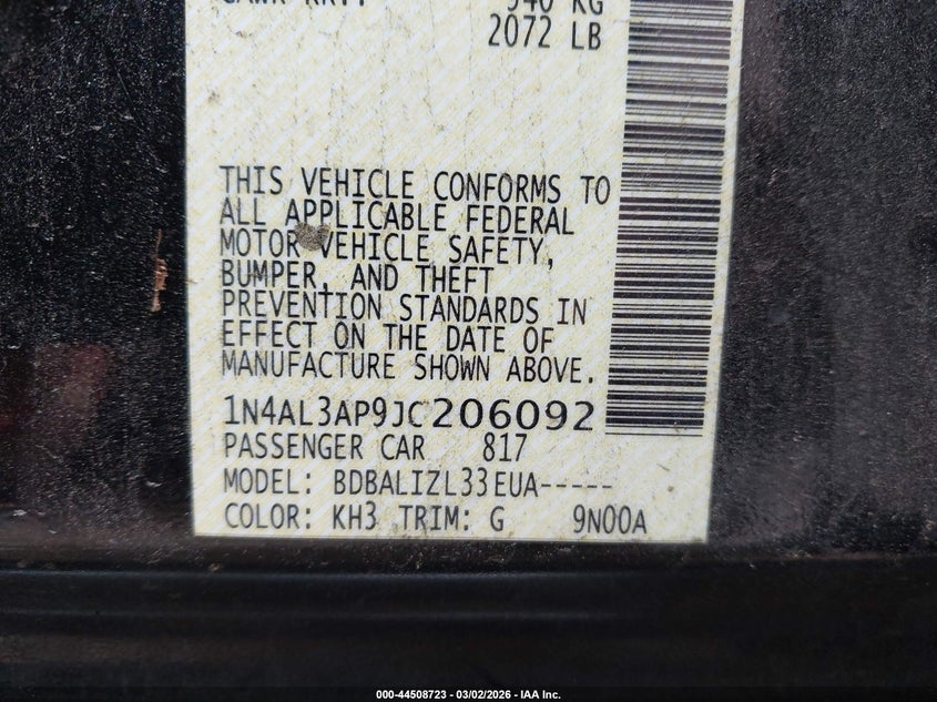 VIN 1N4AL3AP9JC206092 2018 NISSAN ALTIMA 2.5 SV