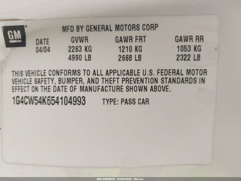 2005 Buick Park Avenue VIN: 1G4CW54K654104993 Lot: 44508918