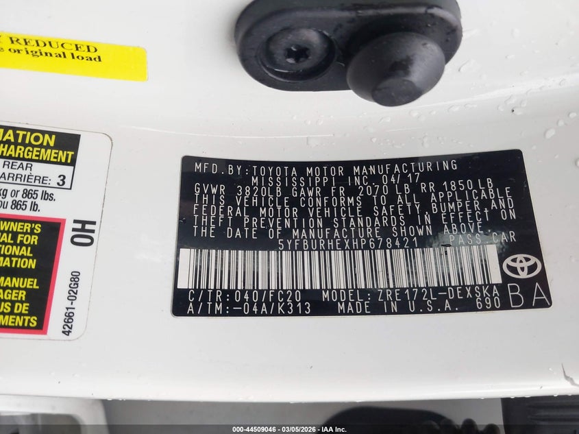 2017 TOYOTA COROLLA SEDAN 1.8L I-4 DOHC, VVT, 132HP