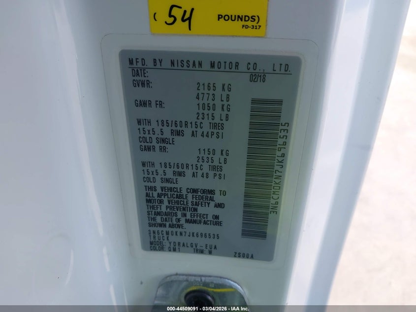 2018 Nissan Nv200 Sv VIN: 3N6CM0KN7JK696535 Lot: 44509091