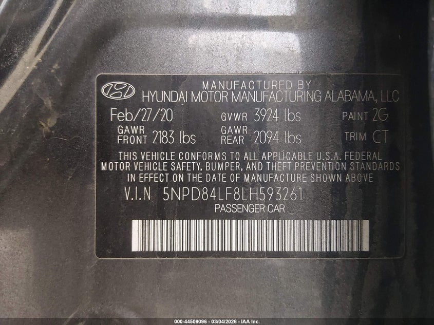 2020 Hyundai Elantra Sel VIN: 5NPD84LF8LH593261 Lot: 44509096