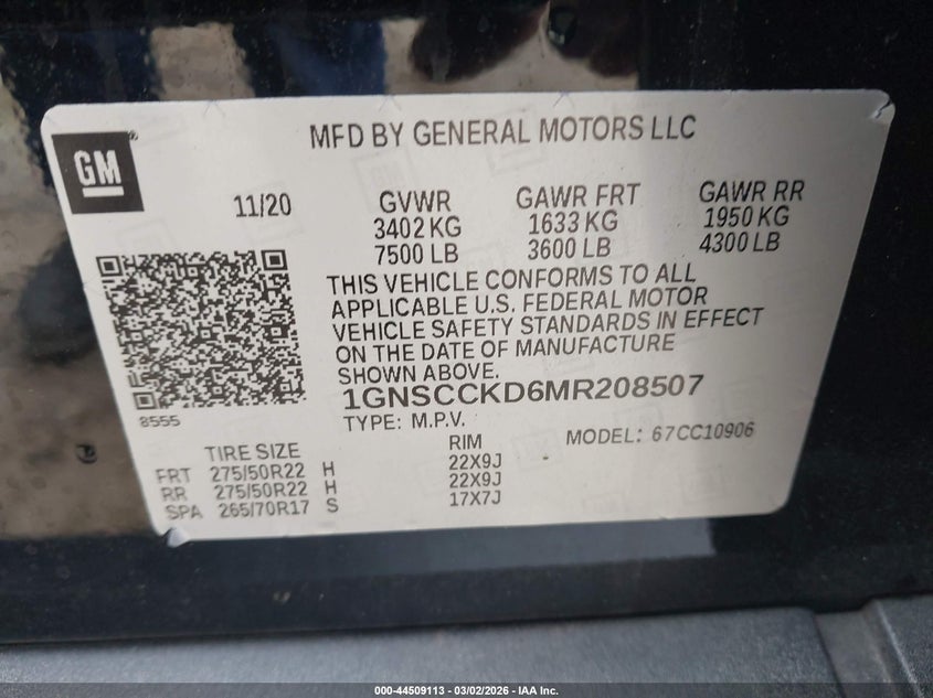 2021 Chevrolet Suburban 2Wd Lt VIN: 1GNSCCKD6MR208507 Lot: 44509113