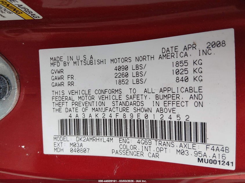 2009 Mitsubishi Eclipse Gs VIN: 4A3AK24F89E012452 Lot: 44509161