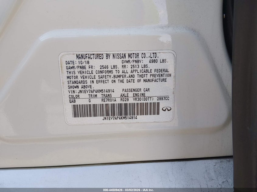 2019 Infiniti Q50 3.0T Sport VIN: JN1EV7AP4KM514914 Lot: 44509426