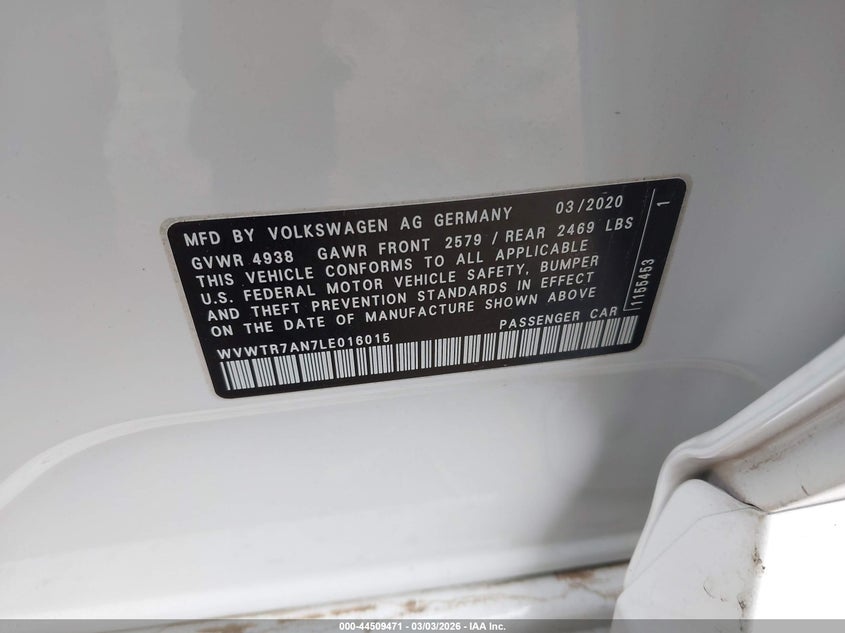 2020 Volkswagen Arteon 2.0T Sel Premium R-Line VIN: WVWTR7AN7LE016015 Lot: 44509471