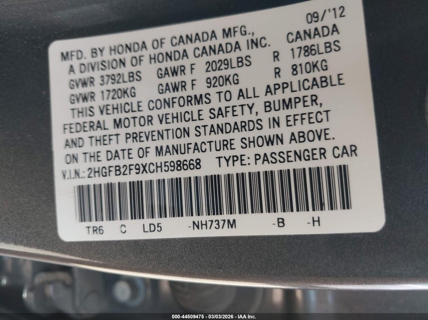 2012 Honda Civic 1.8 Ex-L grey Lot 111044509475 Vin 2HGFB2F9XCH598668