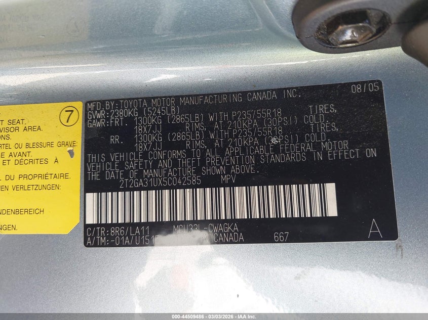 LEXUS RX 330 2005 VIN 2T2GA31UX5C042585