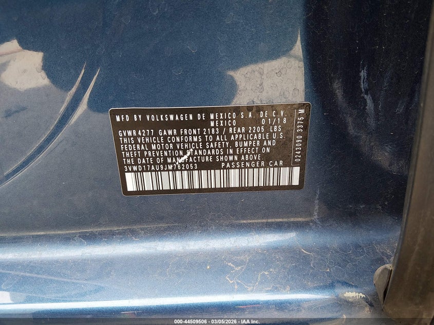 2018 Volkswagen Golf Sportwagen Tsi S/Tsi Se VIN: 3VWD17AU9JM762053 Lot: 44509506