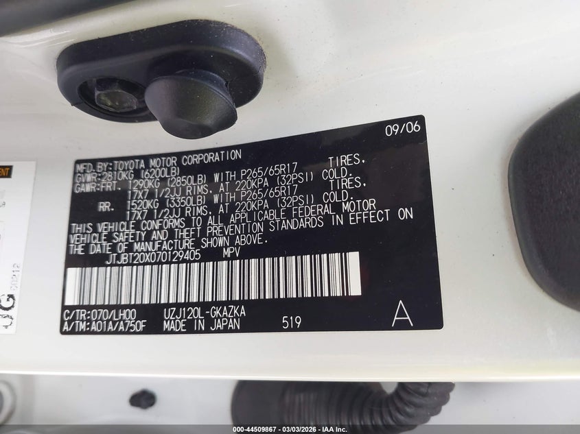 2007 Lexus Gx 470 VIN: JTJBT20X070129405 Lot: 44509867