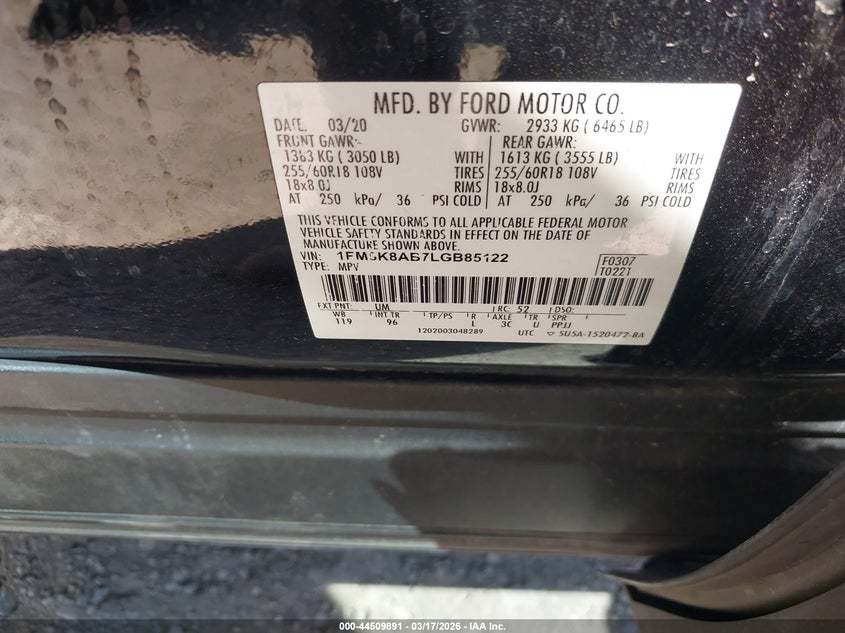 FORD POLICE INTERCEPTOR UTILITY 2020 VIN 1FM5K8AB7LGB85122