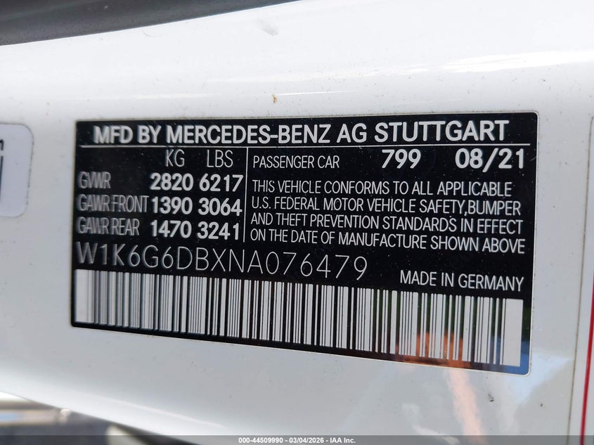 2022 Mercedes-Benz S 500 4Matic VIN: W1K6G6DBXNA076479 Lot: 44509990