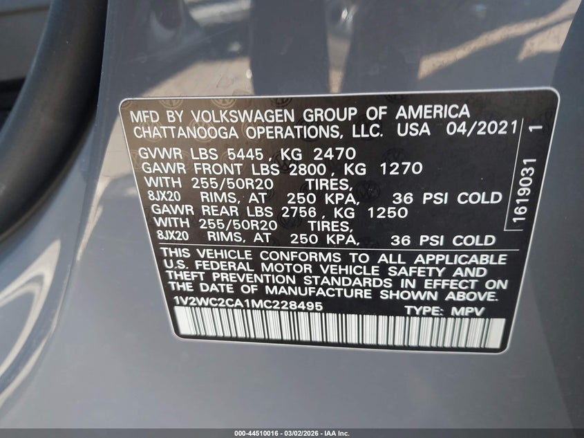 2021 Volkswagen Atlas Cross Sport 2.0T Se W/Technology VIN: 1V2WC2CA1MC228495 Lot: 44510016