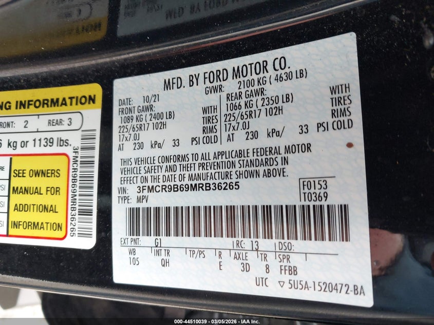 VIN 3FMCR9B69MRB36265 2021 FORD BRONCO SPORT BIG BEND