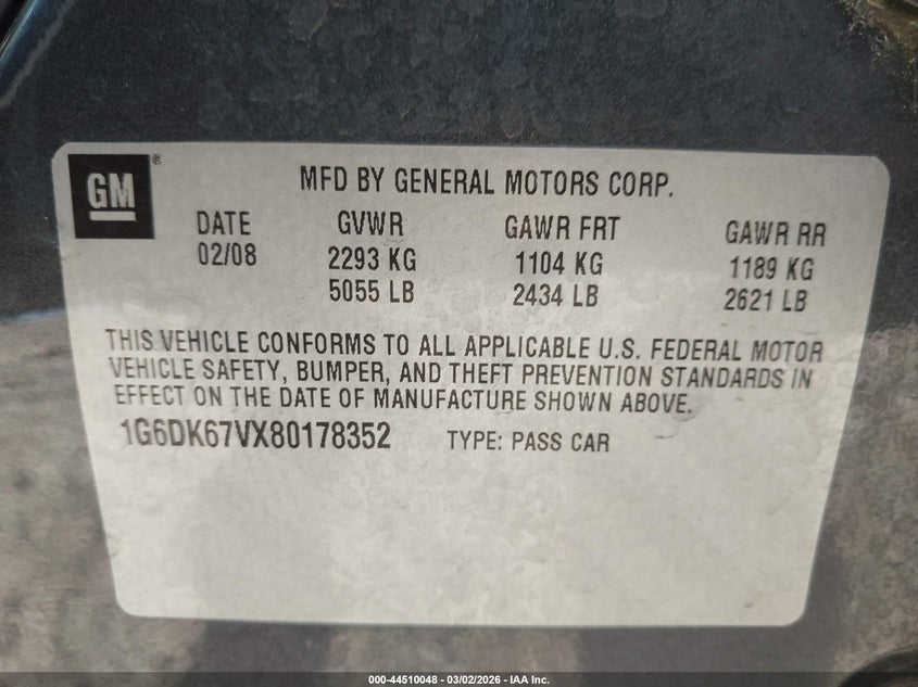 2008 Cadillac Sts V6 VIN: 1G6DK67VX80178352 Lot: 44510048