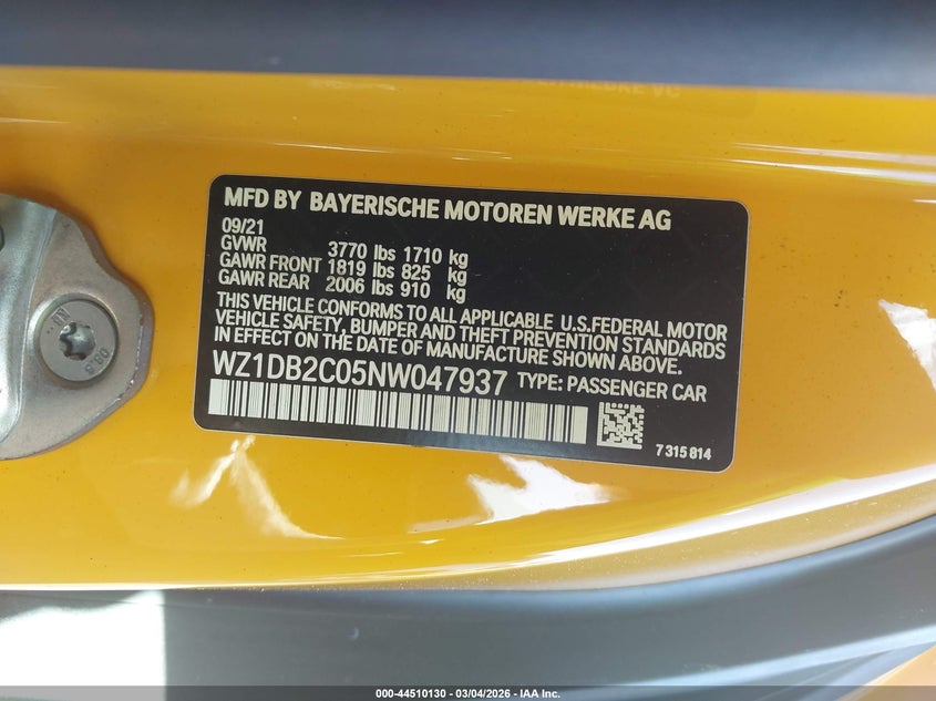 2022 Toyota Gr Supra 2.0 VIN: WZ1DB2C05NW047937 Lot: 44510130