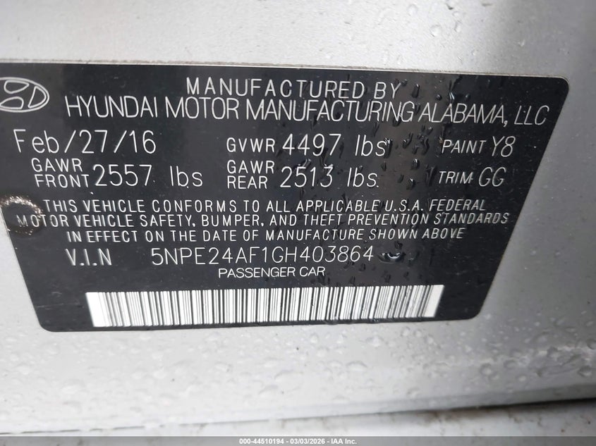 2016 Hyundai Sonata VIN: 5NPE24AF1GH403864 Lot: 44510194