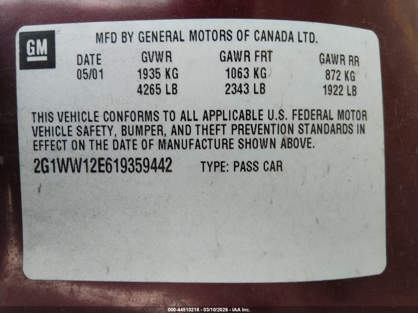 2001 Chevrolet Monte Carlo Ls VIN: 2G1WW12E619359442 Lot: 44510216