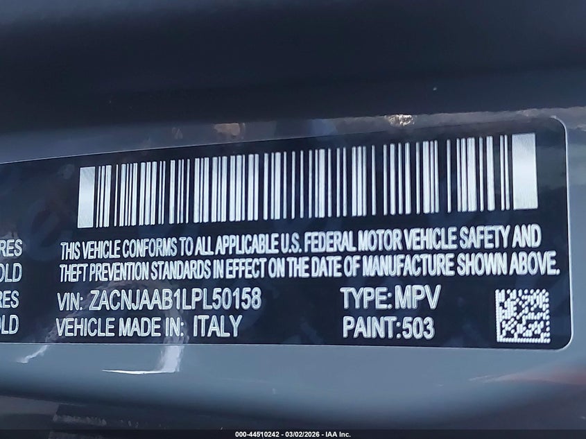 2020 Jeep Renegade Sport Fwd VIN: ZACNJAAB1LPL50158 Lot: 44510242