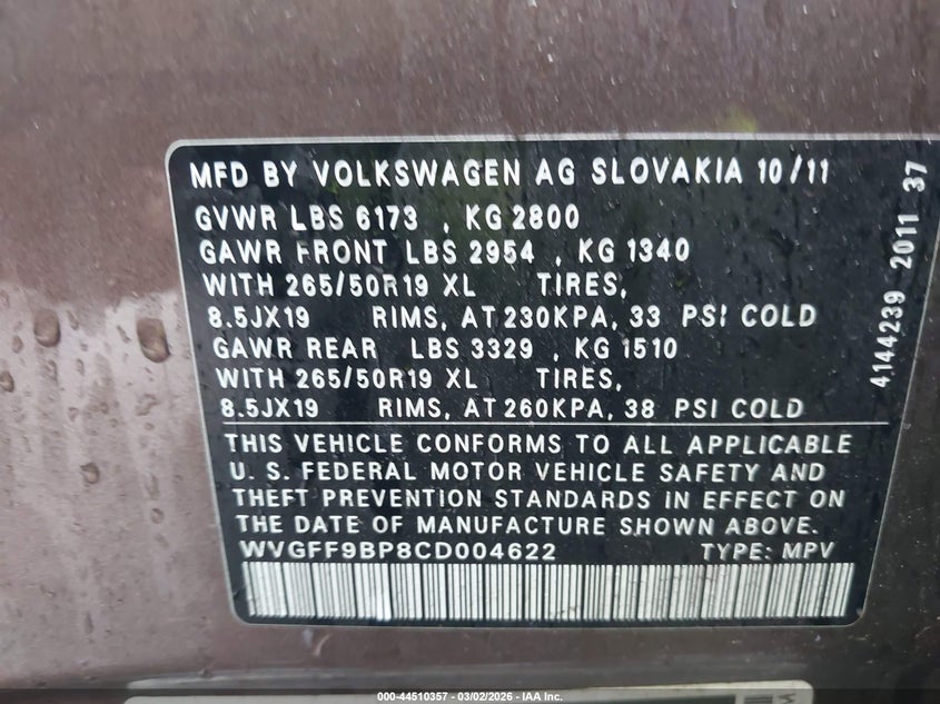 2012 Volkswagen Touareg Vr6 Lux VIN: WVGFF9BP8CD004622 Lot: 44510357