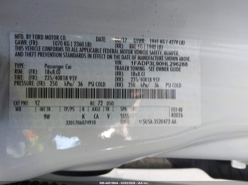 2017 Ford Focus St VIN: 1FADP3L90HL296288 Lot: 44510644