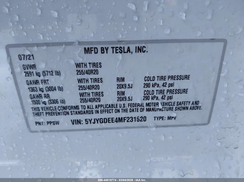 2021 Tesla Model Y Long Range Dual Motor All-Wheel Drive VIN: 5YJYGDEE4MF231520 Lot: 44510774