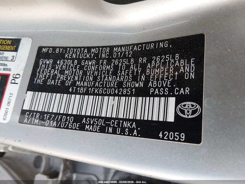TOYOTA CAMRY 2012 VIN 4T1BF1FK6CU042851