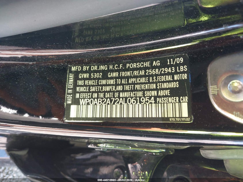 2010 Porsche Panamera S VIN: WP0AB2A72AL061954 Lot: 44510965