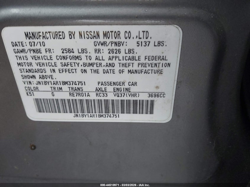 2011 Infiniti M37X VIN: JN1BY1AR1BM374751 Lot: 44510971