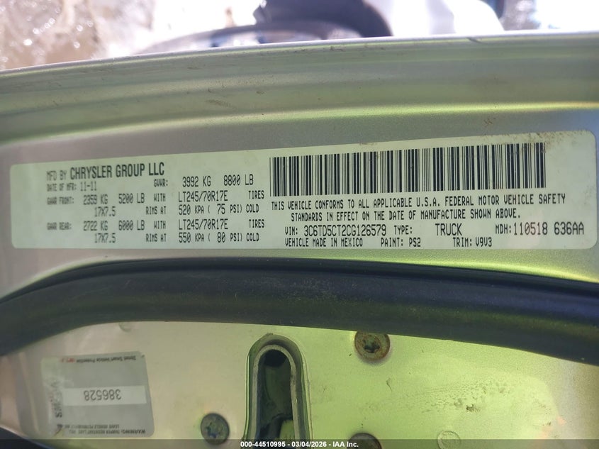 2012 Ram 2500 St VIN: 3C6TD5CT2CG126579 Lot: 44510995