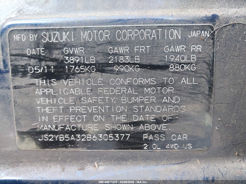 2011 Suzuki Sx4 Premium/Tech Valu Pkg (Nav) VIN: JS2YB5A32B6305377 Lot: 44511323