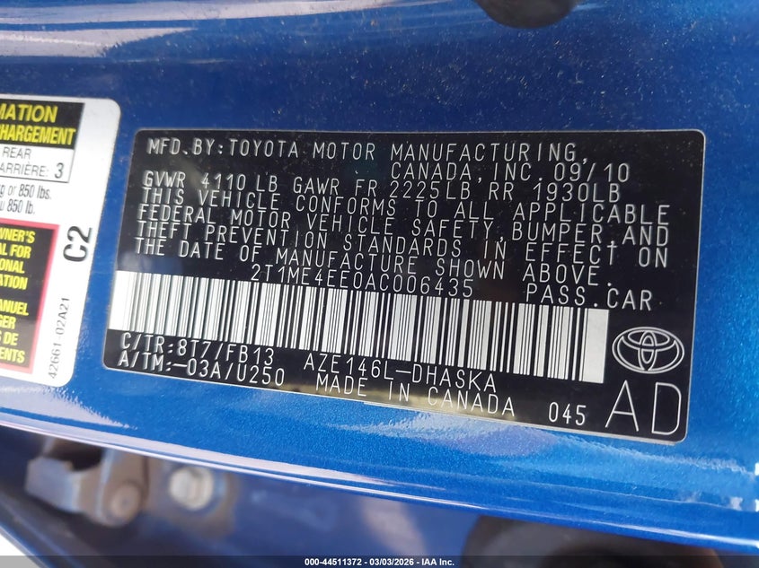 2010 Toyota Matrix Xrs VIN: 2T1ME4EE0AC006435 Lot: 44511372