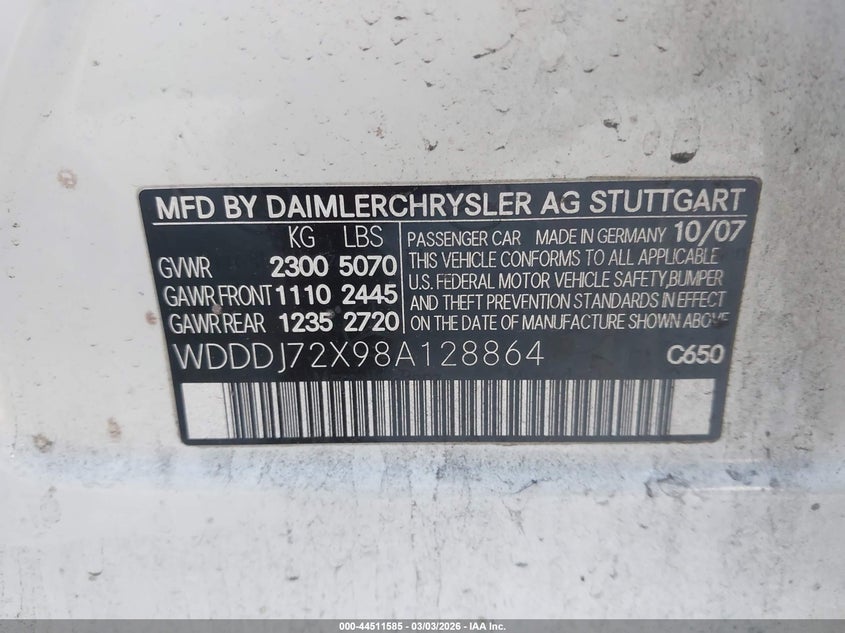 2008 Mercedes-Benz Cls 550 VIN: WDDDJ72X98A128864 Lot: 44511585