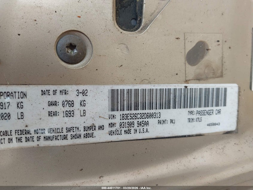 2002 Dodge Neon VIN: 1B3ES26C32D600313 Lot: 44511701