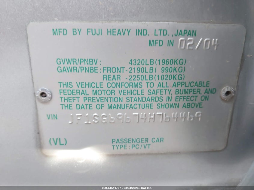 2004 Subaru Forester 2.5Xt VIN: JF1SG69674H764469 Lot: 44511707