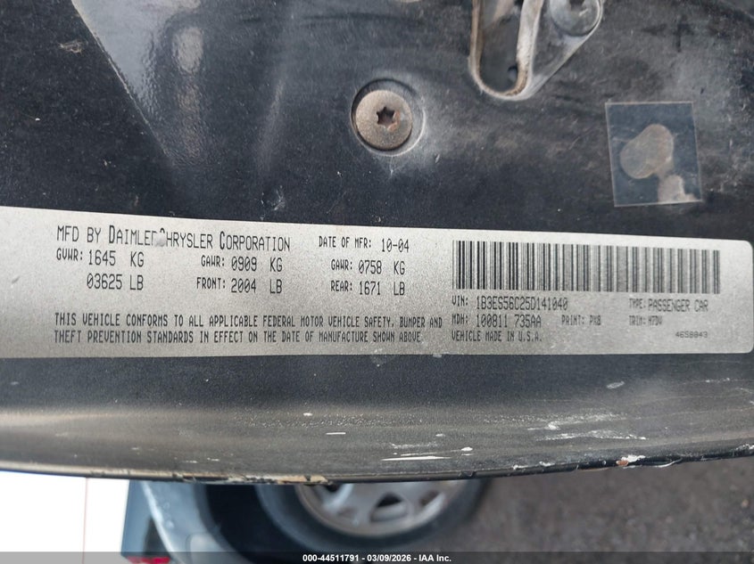 2005 Dodge Neon Sxt VIN: 1B3ES56C25D141040 Lot: 44511791