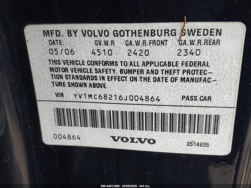 2006 Volvo C70 T5/T5 M VIN: YV1MC68216J004864 Lot: 44511808