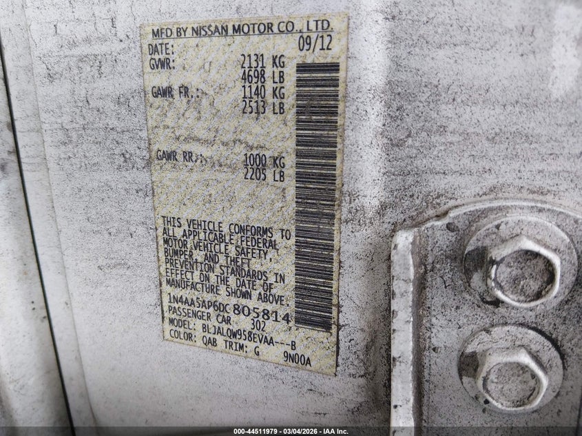 2013 Nissan Maxima 3.5 S VIN: 1N4AA5AP6DC805814 Lot: 44511979