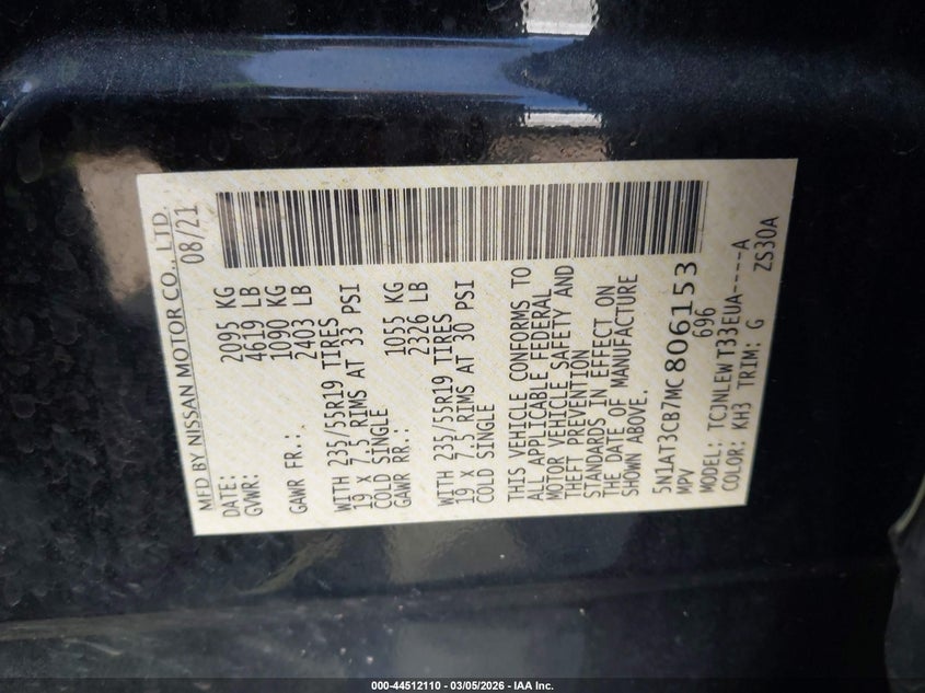 VIN 5N1AT3CB7MC806153 2021 NISSAN ROGUE SL INTELLIGENT AWD