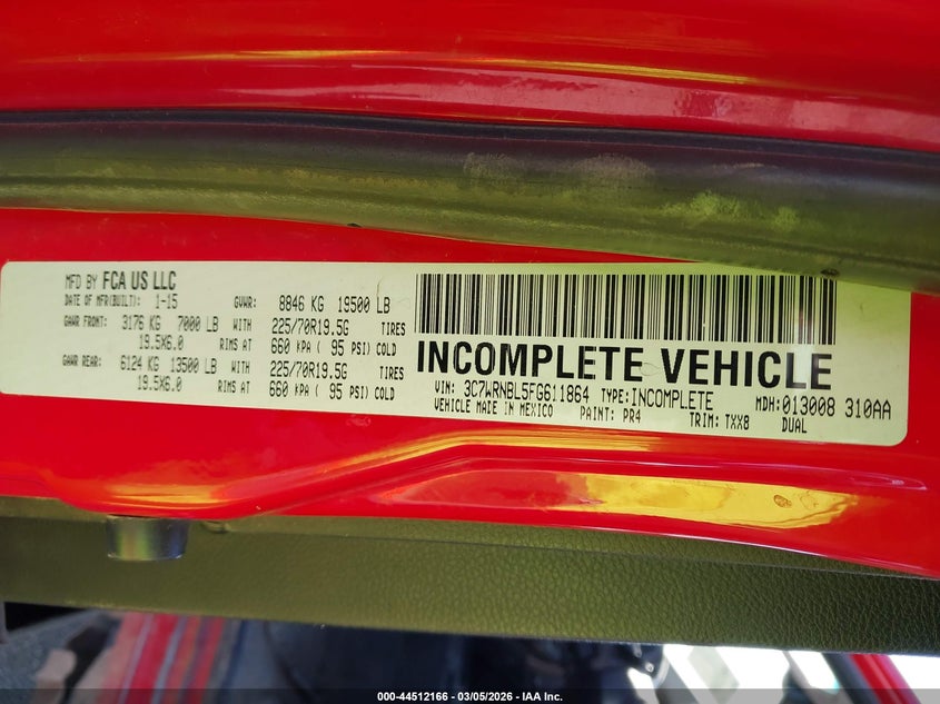 2015 Ram 5500 Chassis Tradesman/Slt VIN: 3C7WRNBL5FG611864 Lot: 44512166