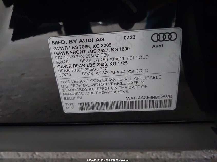 2022 Audi E-Tron Premium Plus Quattro VIN: WA1LAAGE6NB025394 Lot: 44512198