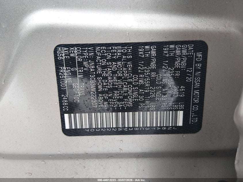 VIN JN8AT3CB3MW222307 2021 NISSAN ROGUE SL INTELLIGENT AWD