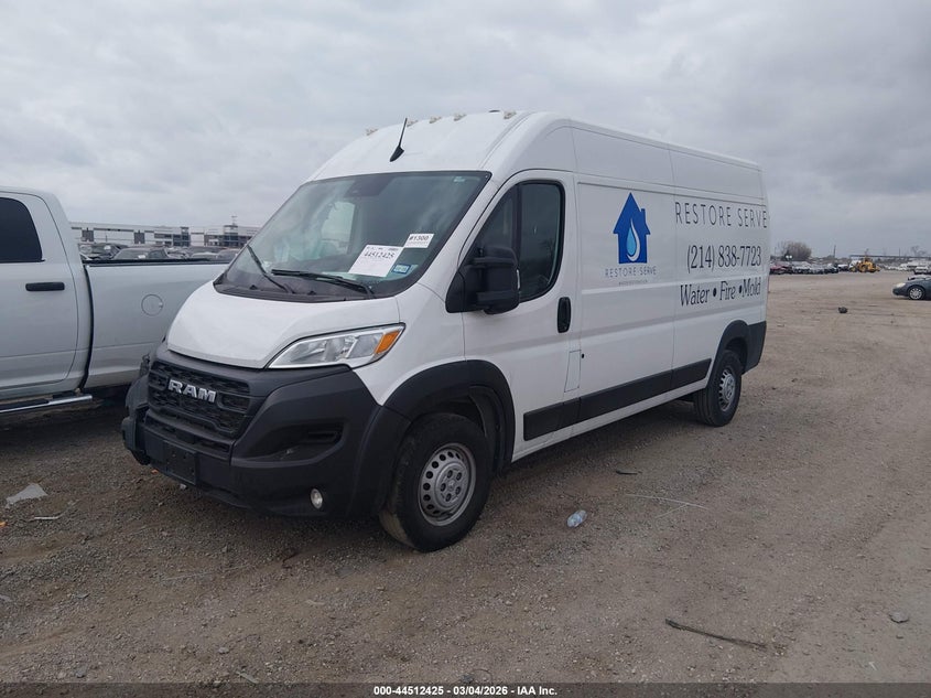 Vin: 3c6lrvdg8se521282, lot: 45009186, ram promaster 2500 tradesman high roof 159 wb w/pass seat 20252