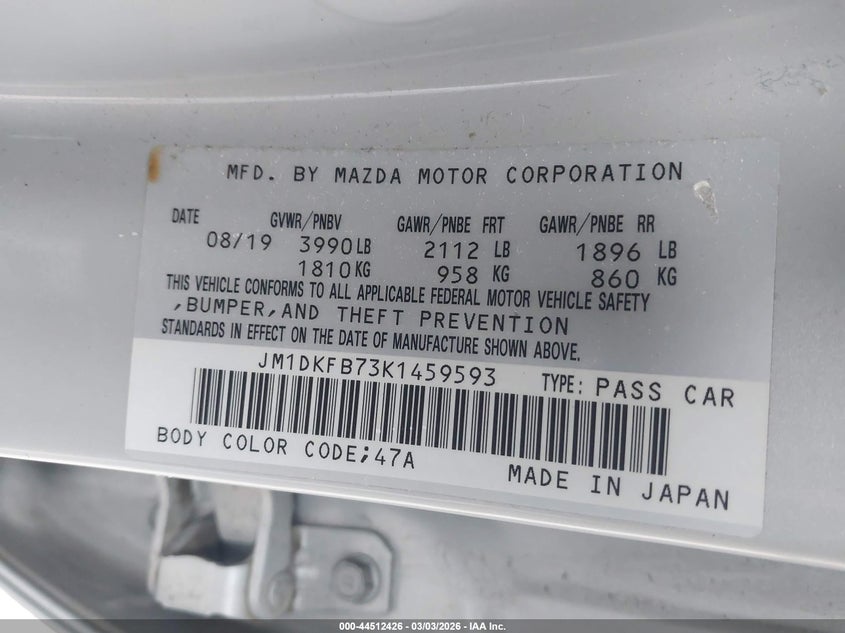 2019 Mazda Cx-3 Sport VIN: JM1DKFB73K1459593 Lot: 44512426