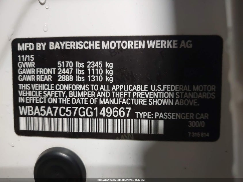 BMW 528I 2016 VIN WBA5A7C57GG149667