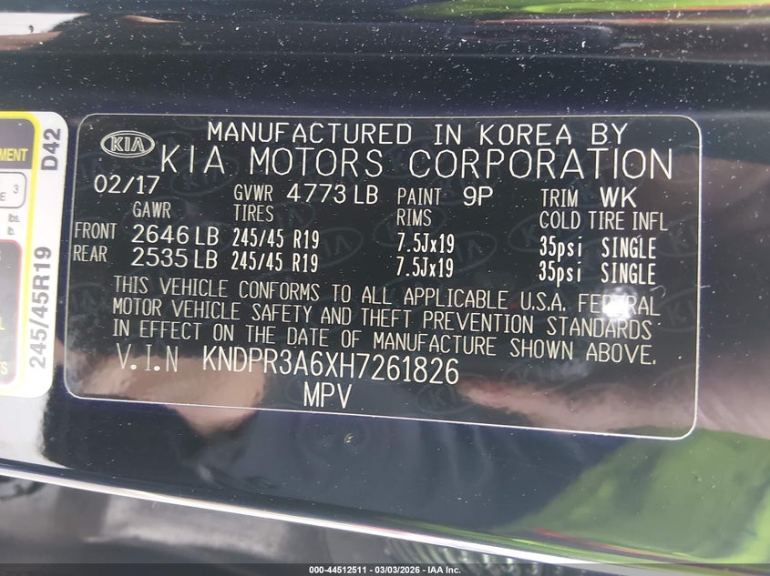 2017 Kia Sportage Sx Turbo VIN: KNDPR3A6XH7261826 Lot: 44512511