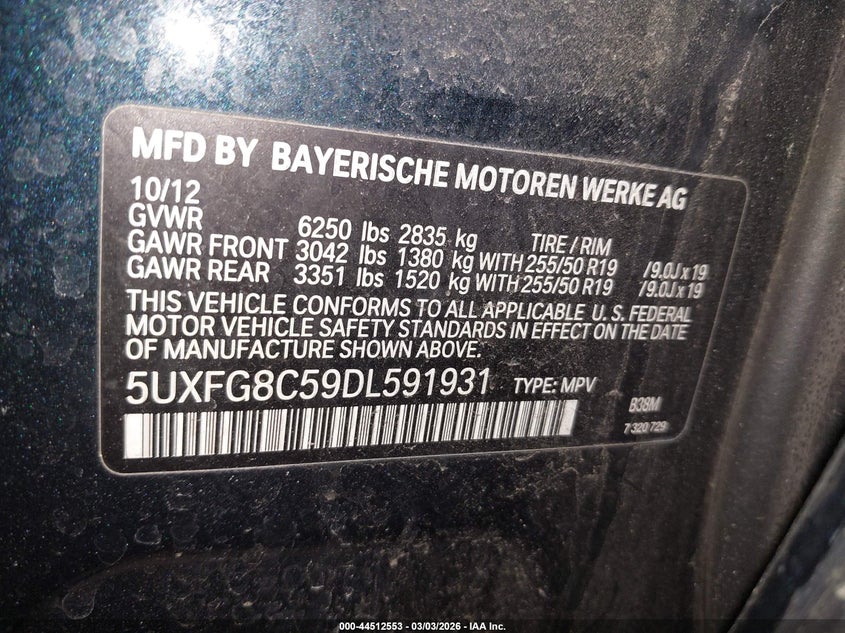 2013 BMW X6 xDrive50I VIN: 5UXFG8C59DL591931 Lot: 44512553