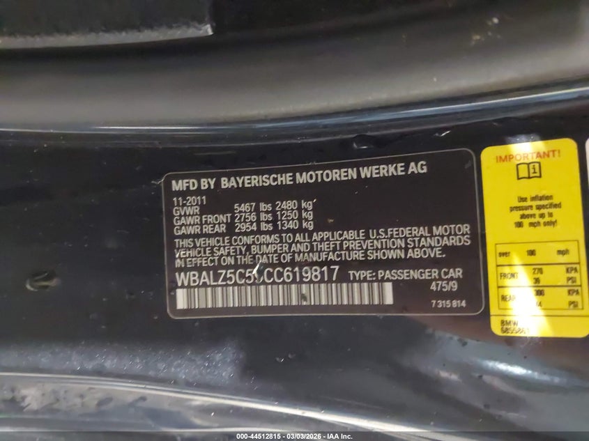 2012 BMW 650I xDrive VIN: WBALZ5C59CC619817 Lot: 44512815