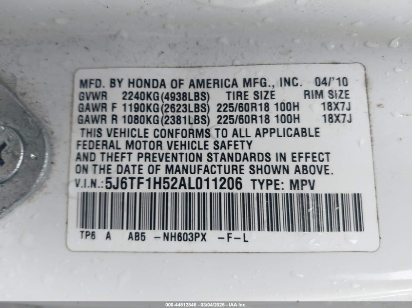 2010 Honda Accord Crosstour Ex-L VIN: 5J6TF1H52AL011206 Lot: 44512846