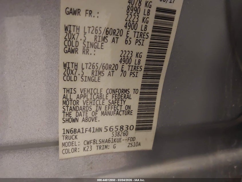NISSAN TITAN XD 2017 VIN 1N6BA1F41HN565830