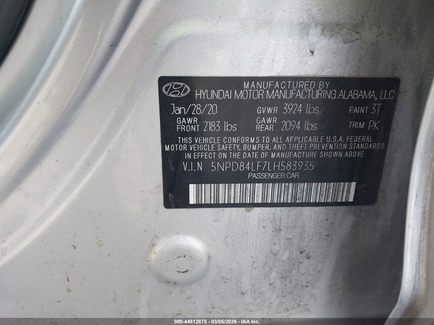 2020 Hyundai Elantra Sel VIN: 5NPD84LF7LH583935 Lot: 44512875